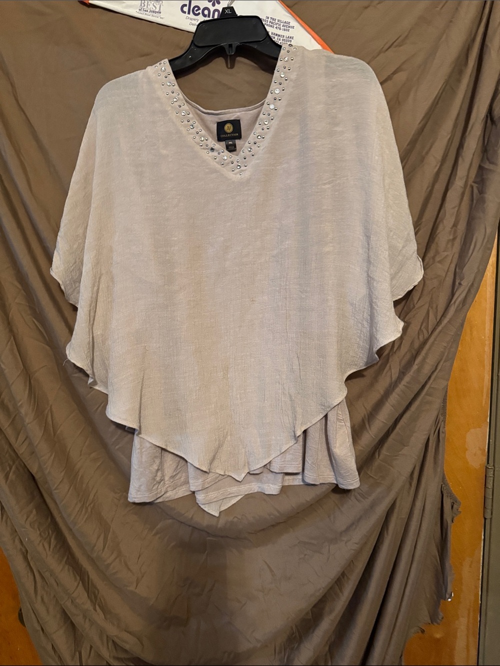 Studio I Cream Embellished V-Neck Layered Poncho Top